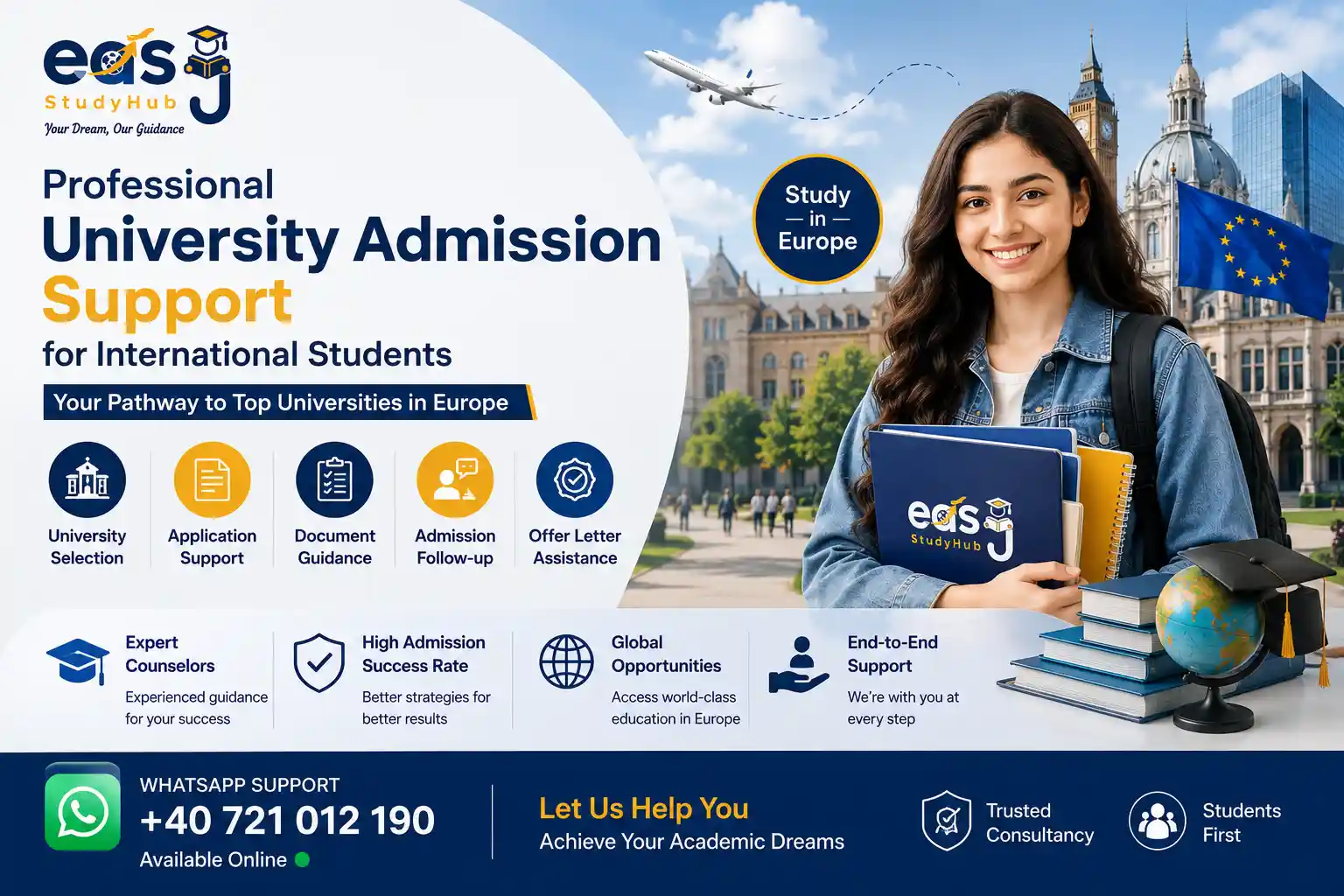 Professional university admission support for international students with Learning In Eu study abroad consultancy services.